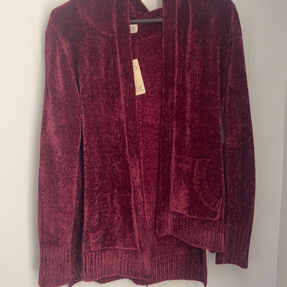 Fuzzy maroon hooded cardigan